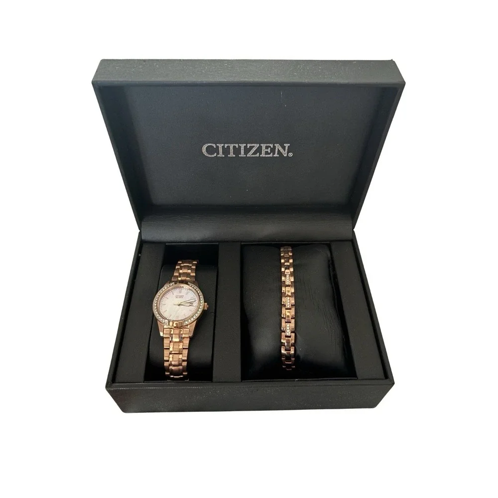 NIB: Citizen Eco Drive Women's Watch & Bracelet Set Rose Gold Mother Of Pearl - Picture 1 of 8